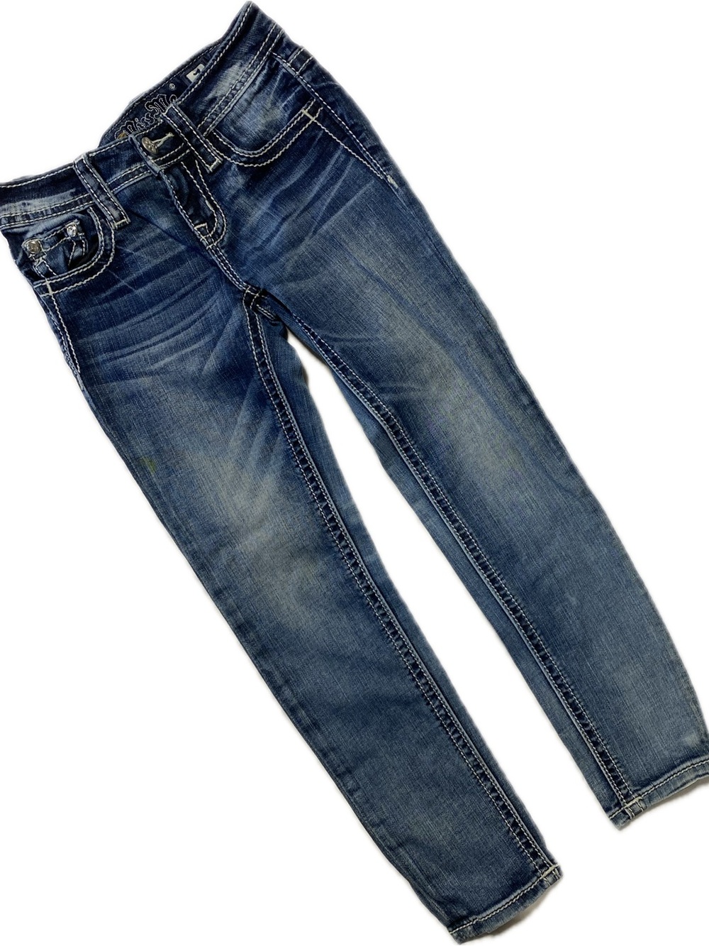 Miss Me girls Blue Skinny Jeans with Faded Detailing and rhinestones details